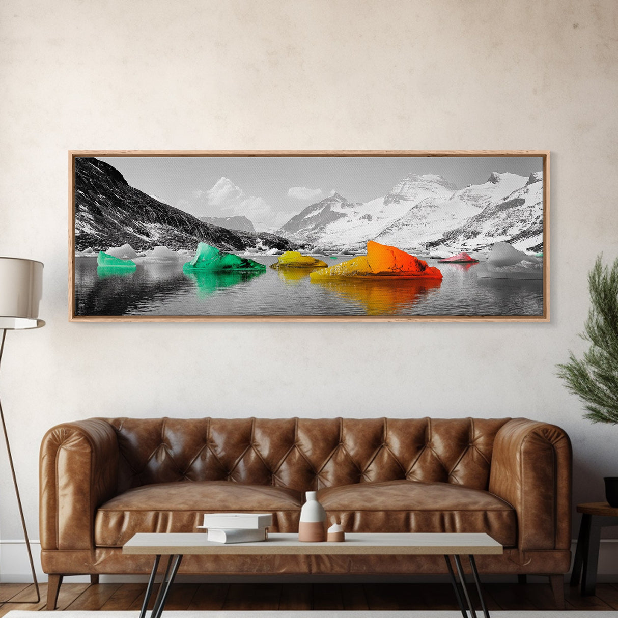 Rainbow Icebergs, Arctic View, Frozen Sea, Vibrant Chill, Framed Canvas Print, Kids Room Art, Surreal Landscape, Winter Fantasy