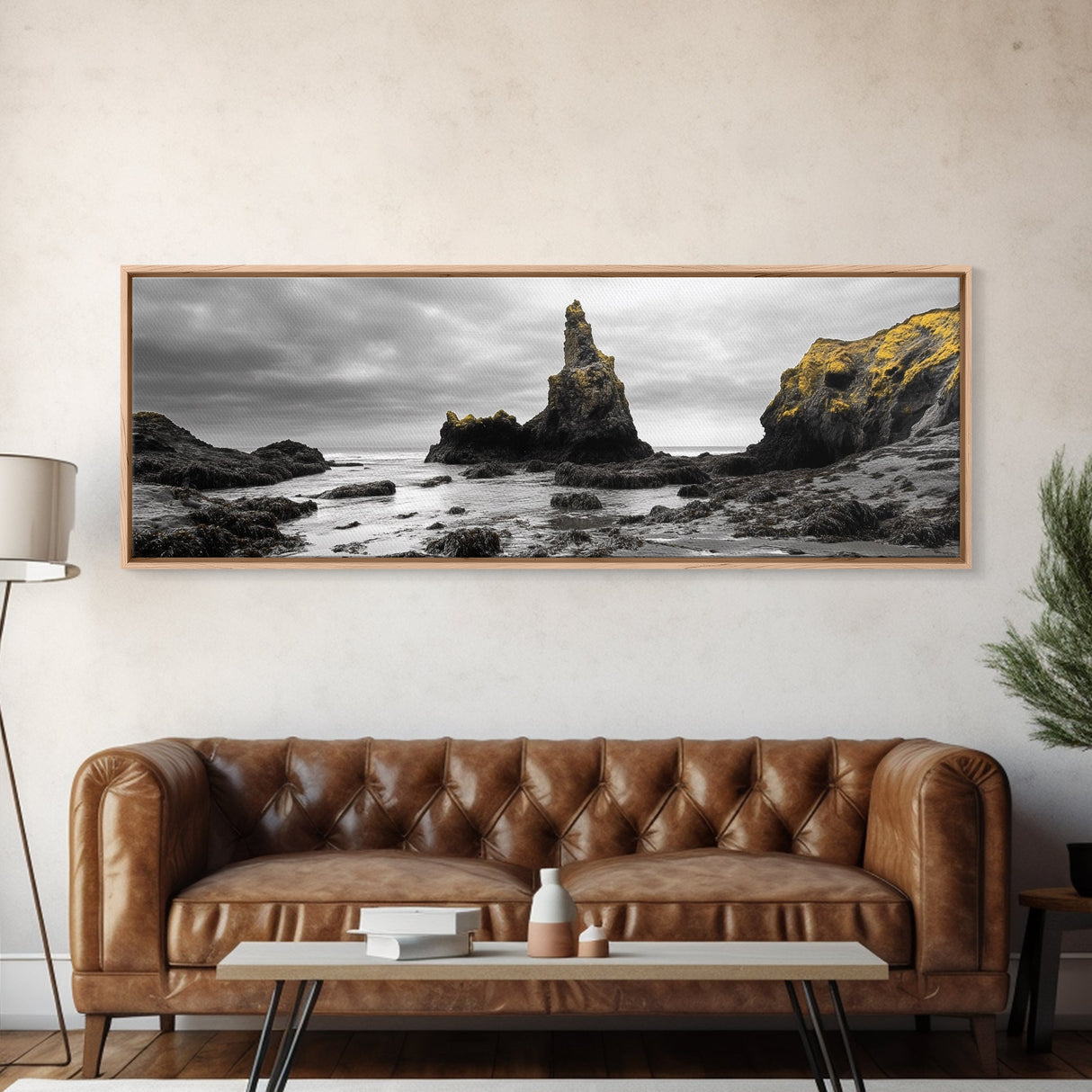 Sea Stacks, Rocky Shore, Golden Moss, Framed Canvas Print, coastal wall art, moody ocean print, beach house decor, nature photography
