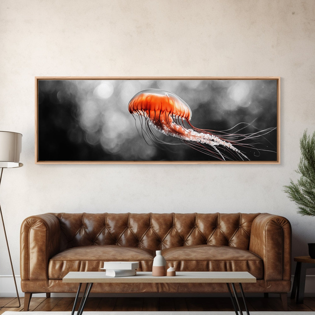Jellyfish Glow, Ocean Depths, Abstract Sea Life, Framed Canvas Print, marine animal art, coastal bathroom decor, modern underwater wall art