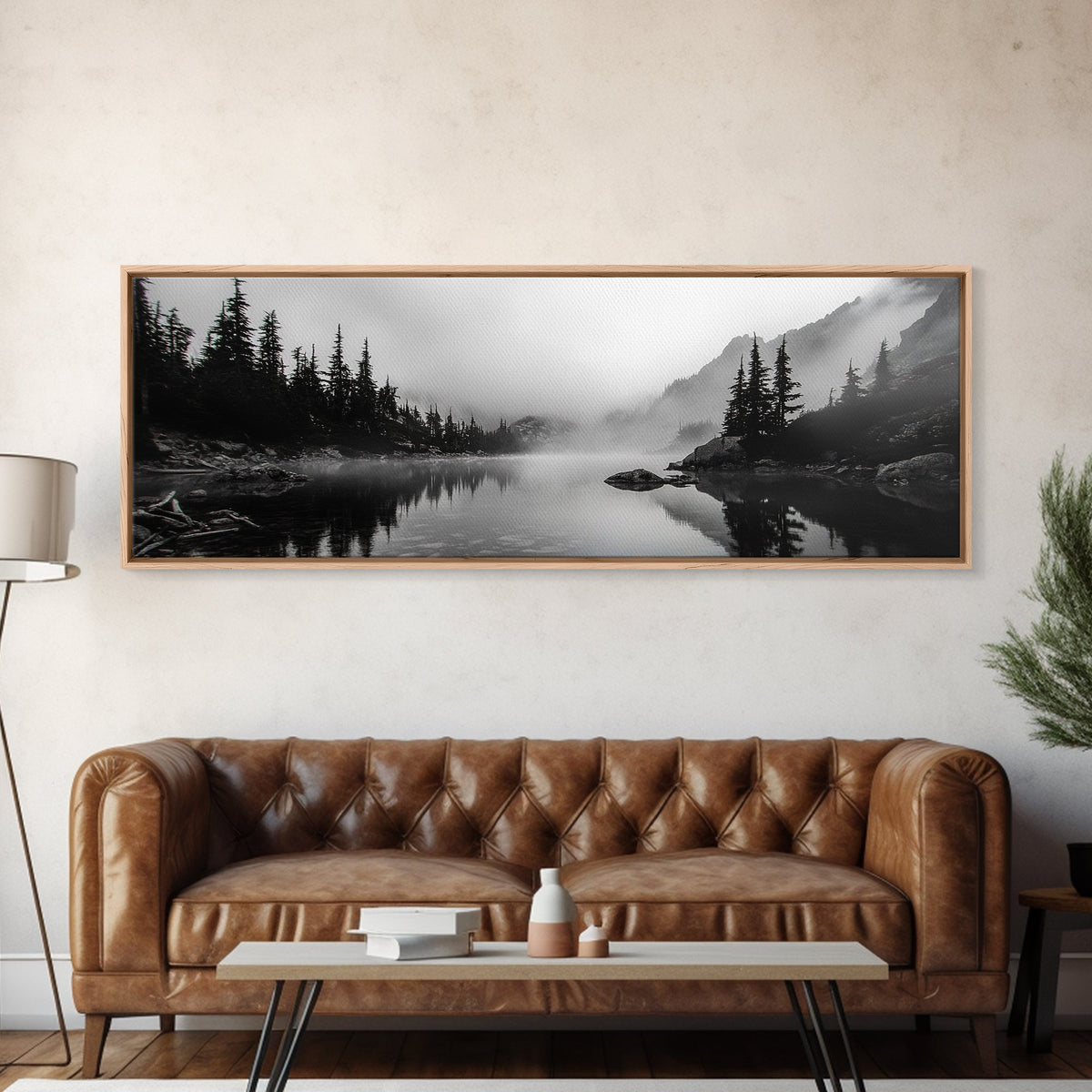 Foggy Pines, Mountain Reflection, Monochrome Wilderness, Canvas Print, black and white wall art, cabin decor, minimalist forest scene