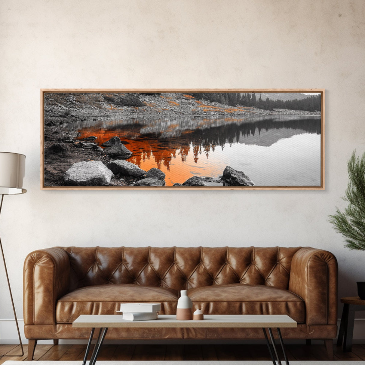Orange Reflection Lake, Rocky Shoreline, Autumn Forest View, Canvas Print, Nature Photography, Rustic Wall Art, Cabin Living Room Decor