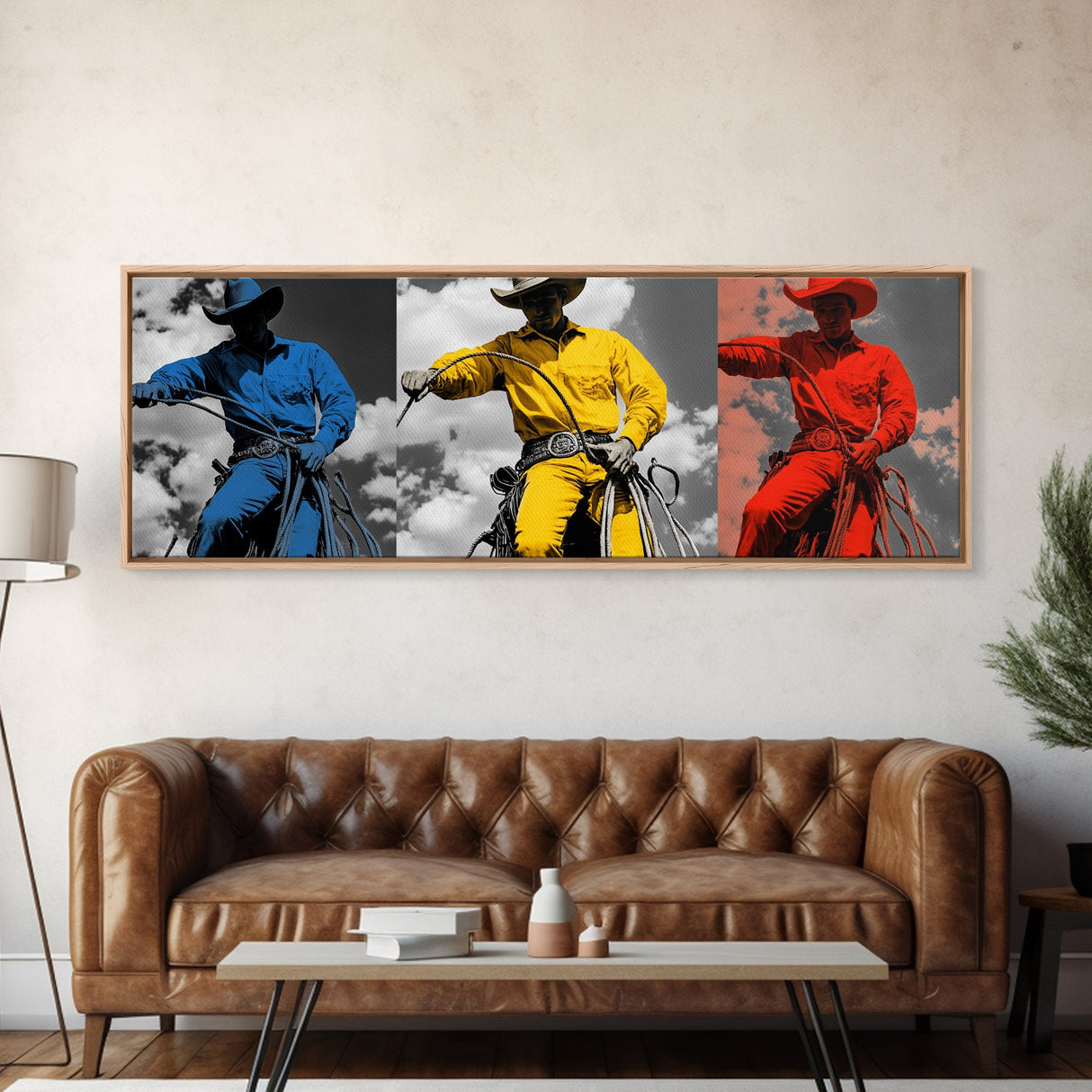 Cowboy Pop Art, Red Yellow Blue Trio, Western Rodeo Style, Framed Canvas Print, Bold Color Wall Art, Man Cave Decor, Modern Western Art