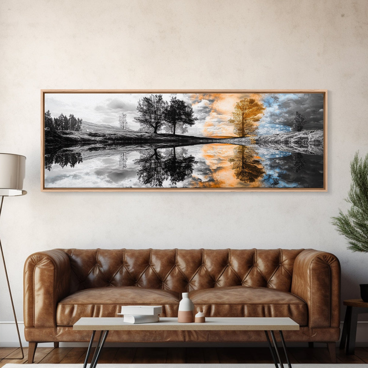 Surreal Reflection, Tree Silhouettes, Split Sky, Framed Canvas Print, trippy landscape art, black and white dreamy wall decor