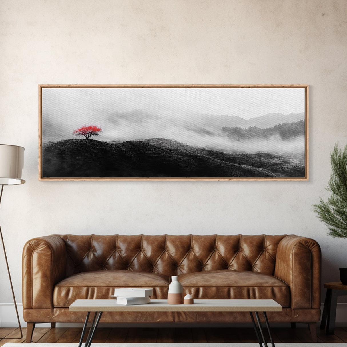 Lone Red Tree, Misty Hills, Minimalist Landscape, Framed Canvas Print, serene bedroom wall art, abstract black and white decor