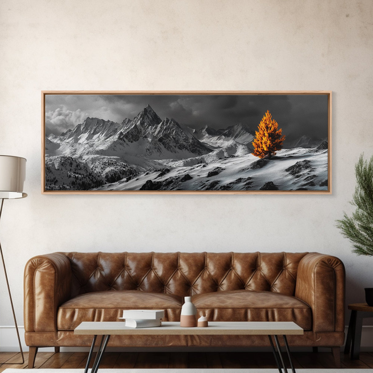 Lone Golden Tree, Snowy Mountains, Dramatic Sky, Canvas Print, Winter Wall Art, Moody Landscape, Minimalist Home Decor