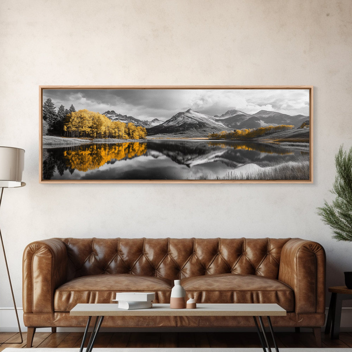 Yellow Autumn Forest, Lake Reflection, Black White Mountains, Canvas Print, Rustic Wall Art, Living Room Nature Scene
