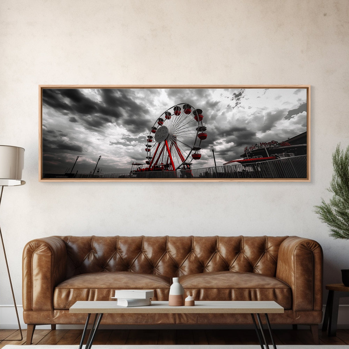 Ferris Wheel, Carnival Ride, Stormy Sky, Fairground Scene, Framed Canvas Print, Retro Wall Art, Teen Bedroom Decor, Industrial Urban Style