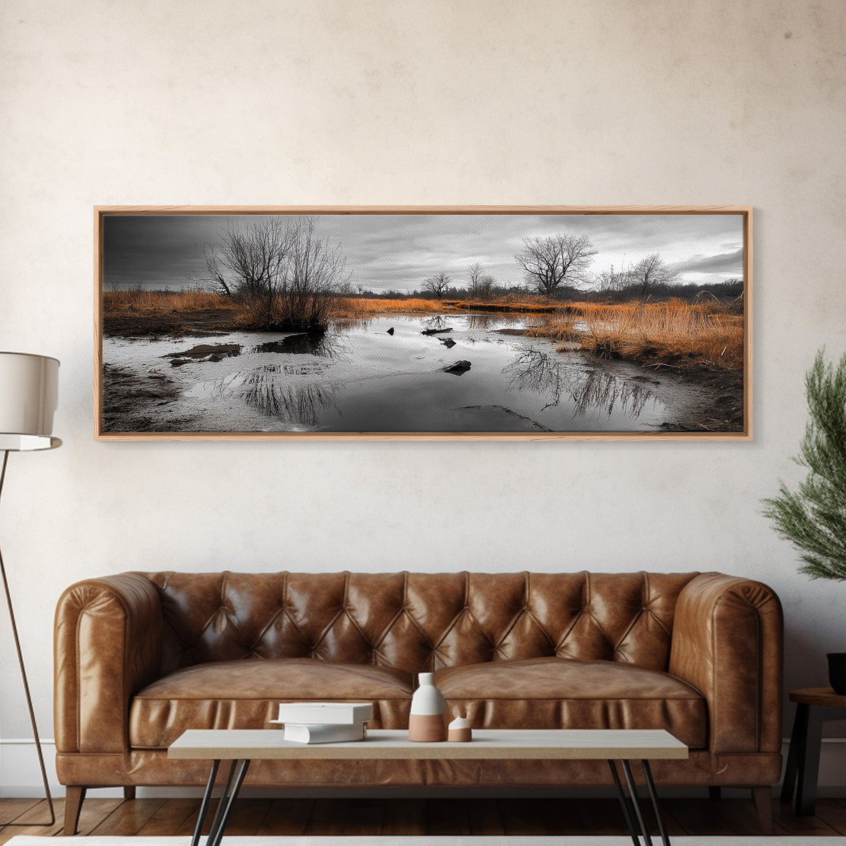 Marshland Autumn, Nature Landscape, Golden Hour Swamp View, Framed Canvas Print, Rustic Fall Home Decor, Entryway or Office Wall Art