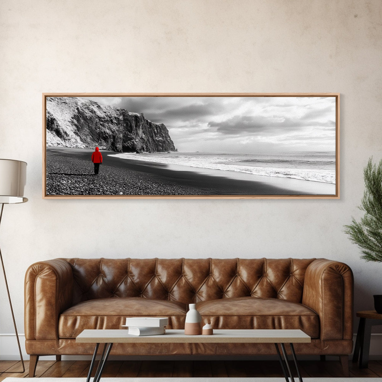 Red Jacket Wanderer, Moody Coastal Cliff Scene, Monochrome Photography, Framed Canvas Print, Modern Minimalist Office Wall Art