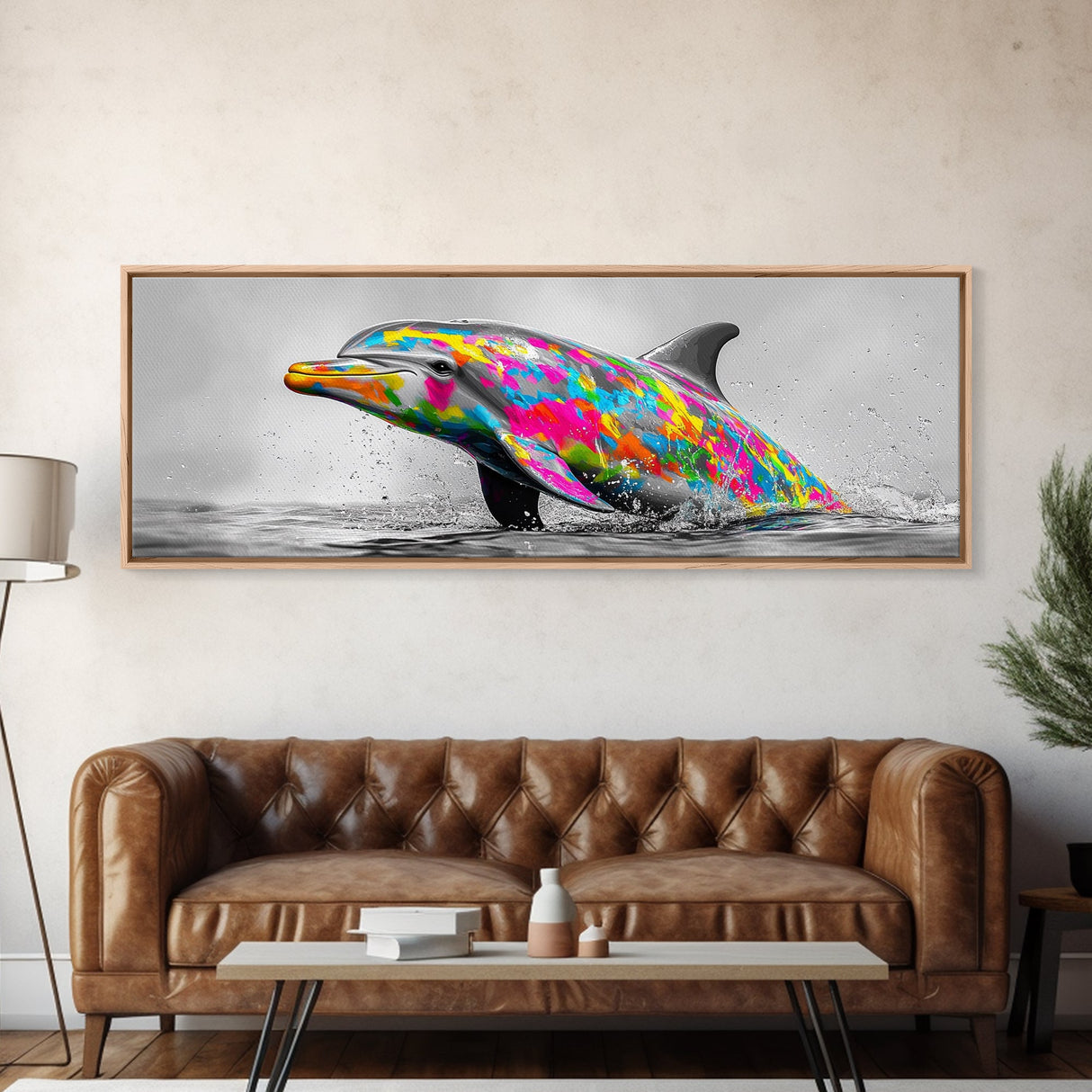 Rainbow Dolphin Splash, Colorful Ocean Animal, Vibrant Wildlife Art, Canvas Print, Coastal Kids Room Wall Art, Playroom Nautical Decor
