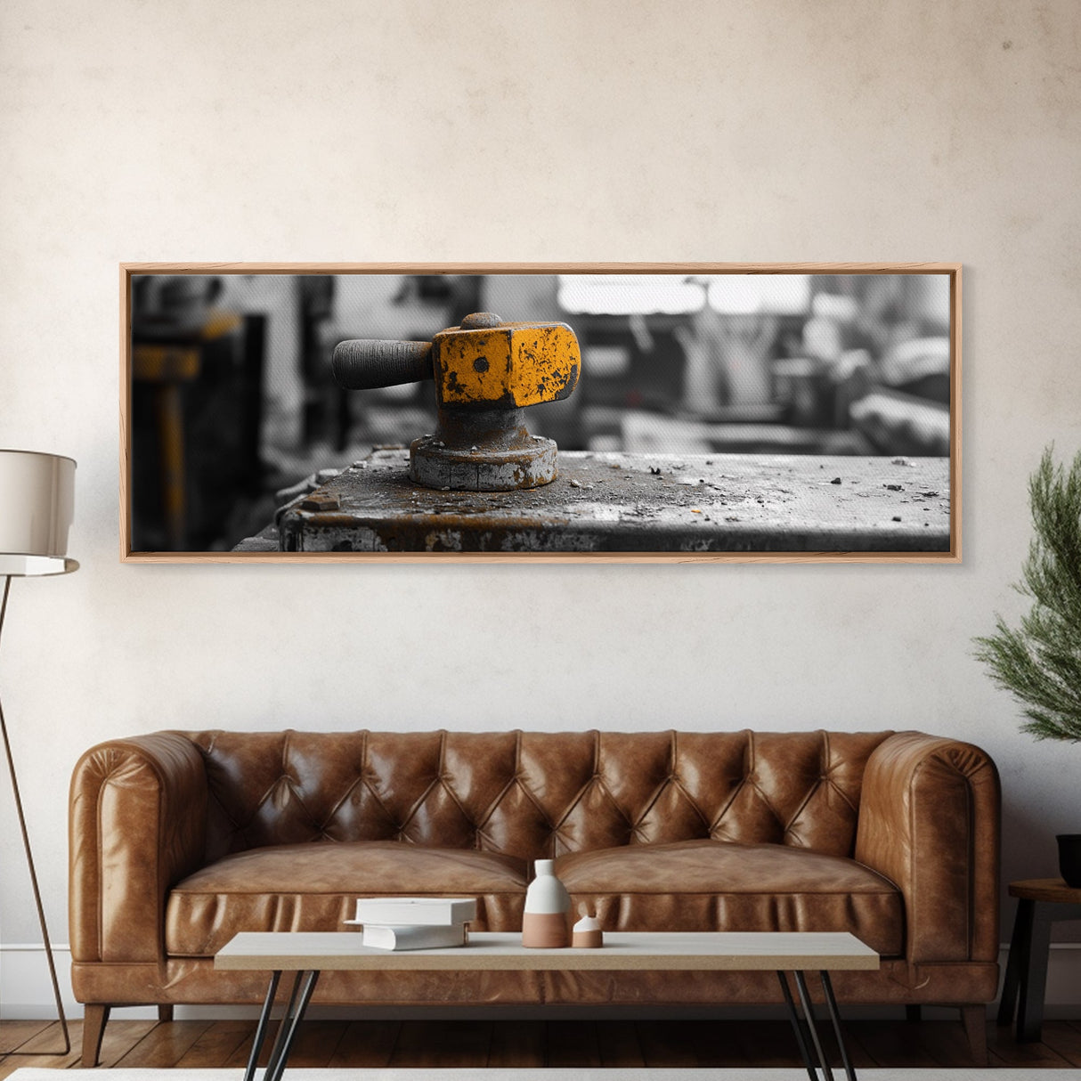Yellow Metal Lever, Industrial Machine Detail, Workshop Photography, Gritty Rustic Vibe, Canvas Print, Garage Wall Art, Urban Loft Decor