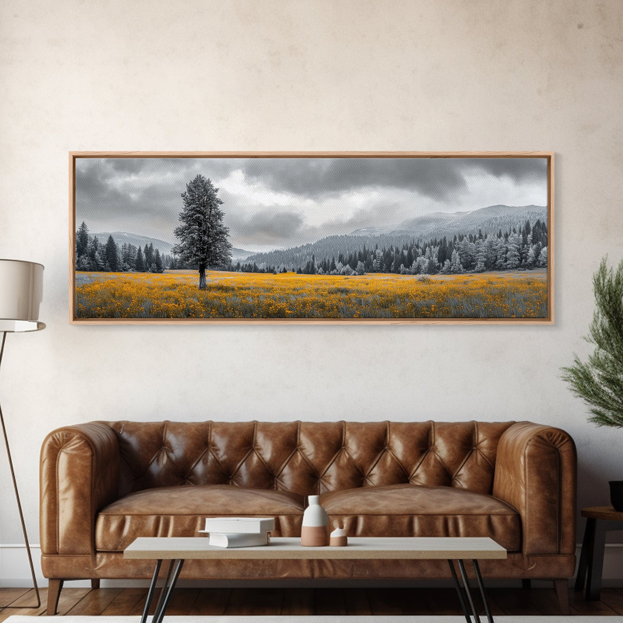 Lone Tree, Yellow Meadow, Autumn Landscape, Moody Forest, Framed Canvas Print, Nature Photography, Cabin Wall Art, Fall Home Decor
