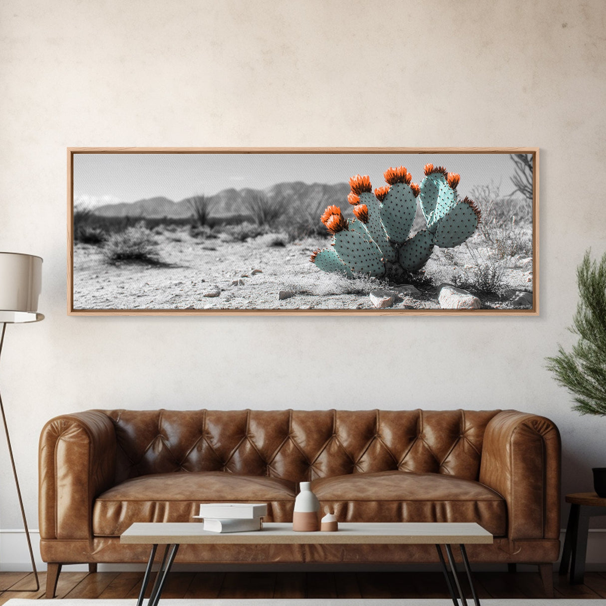 Cactus Garden, Desert Life, Orange Bloom, Nature Vibes, Framed Canvas Print, Rustic Wall Art, Boho Decor, Office Botanical Accent