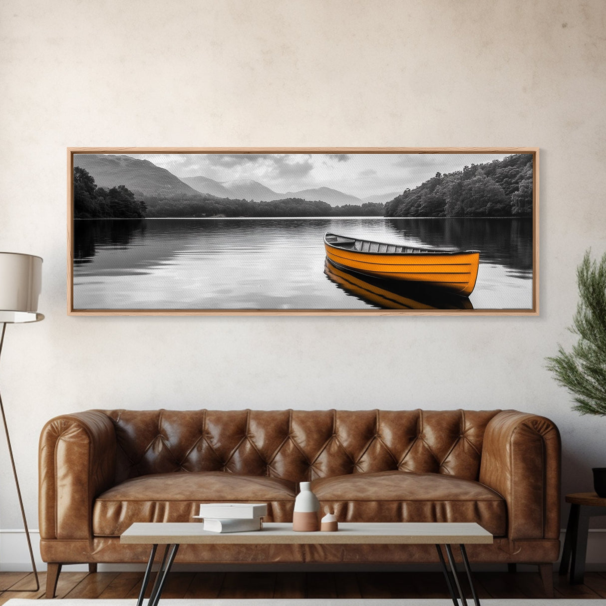 Golden Canoe, Lake Reflection, Tranquil Water, Adventure Scene, Canvas Print, Minimalist Wall Art, Bedroom Landscape, Cabin Decor