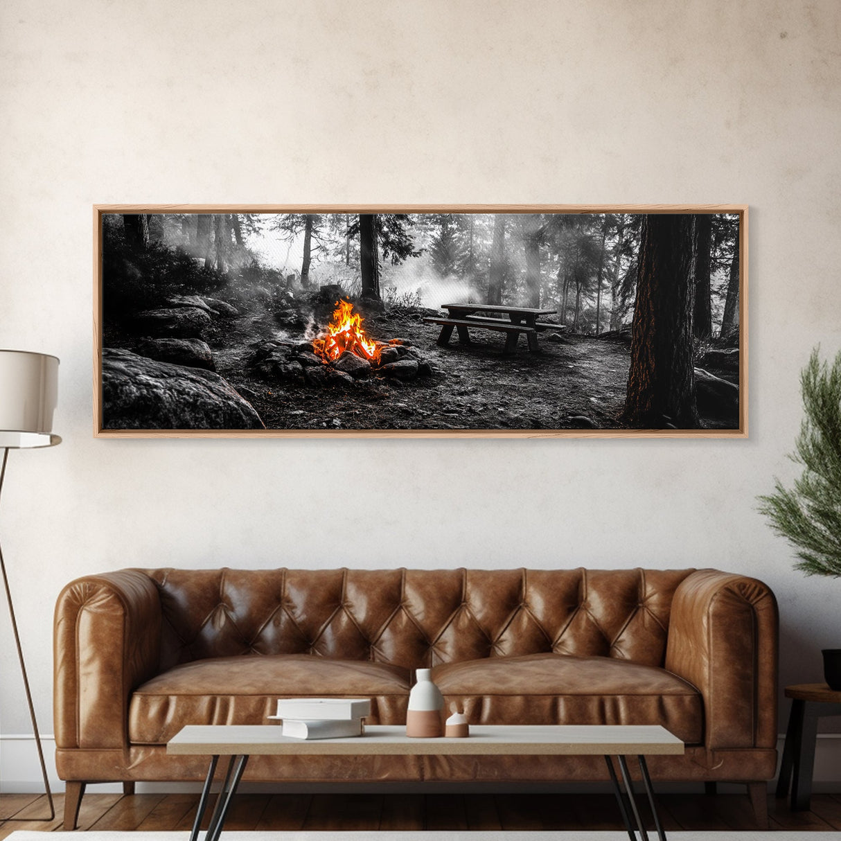 Forest Firepit, Picnic Spot, Smoky Trees, Nature Flame, Canvas Print, Fall Wall Art, Camping Cabin Decor, Rustic Outdoor Style