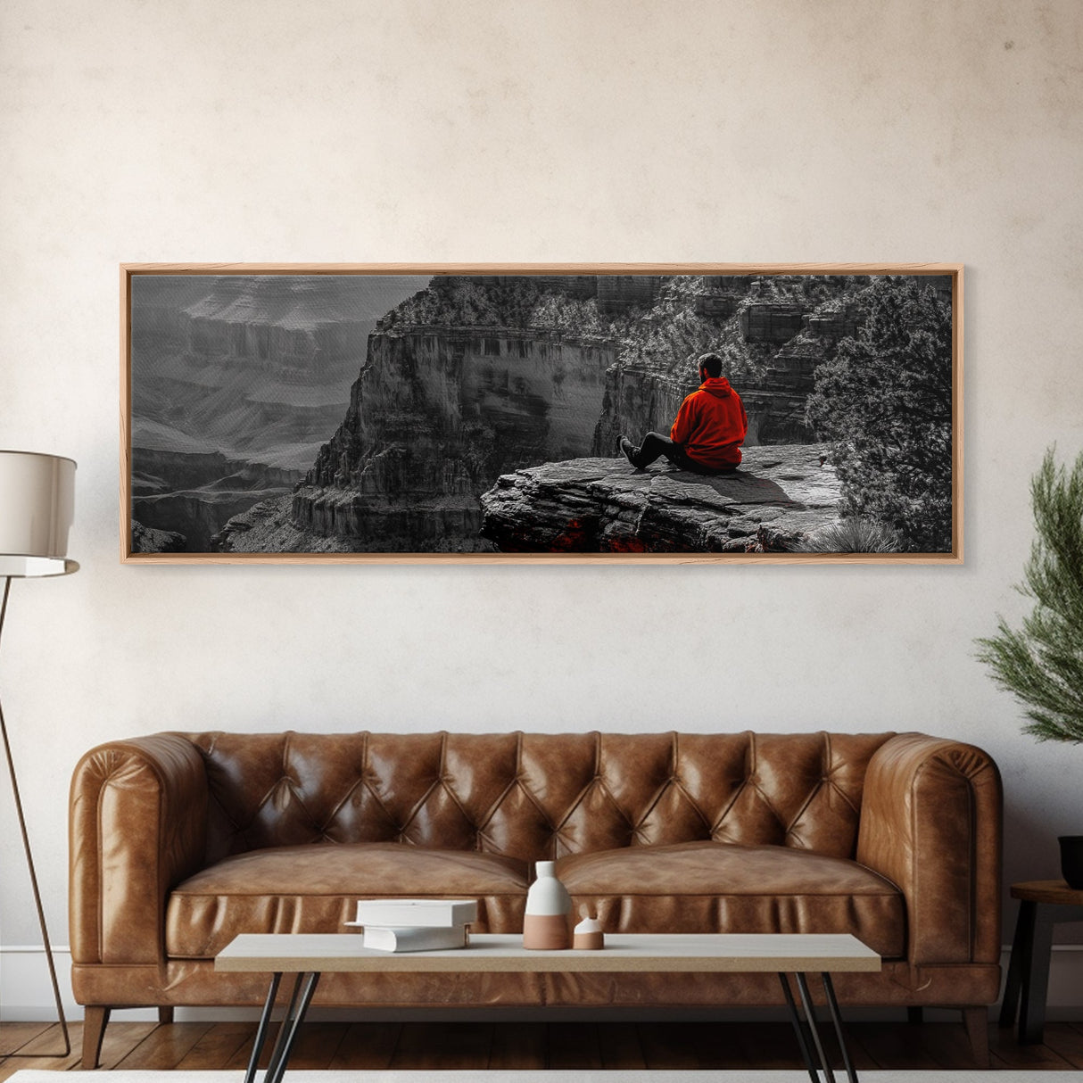 Grand Canyon, Meditation Art, Red Jacket, Adventure Scene, Framed Canvas Print, Hiking Wall Art, Man Cave Decor, Minimalist Landscape