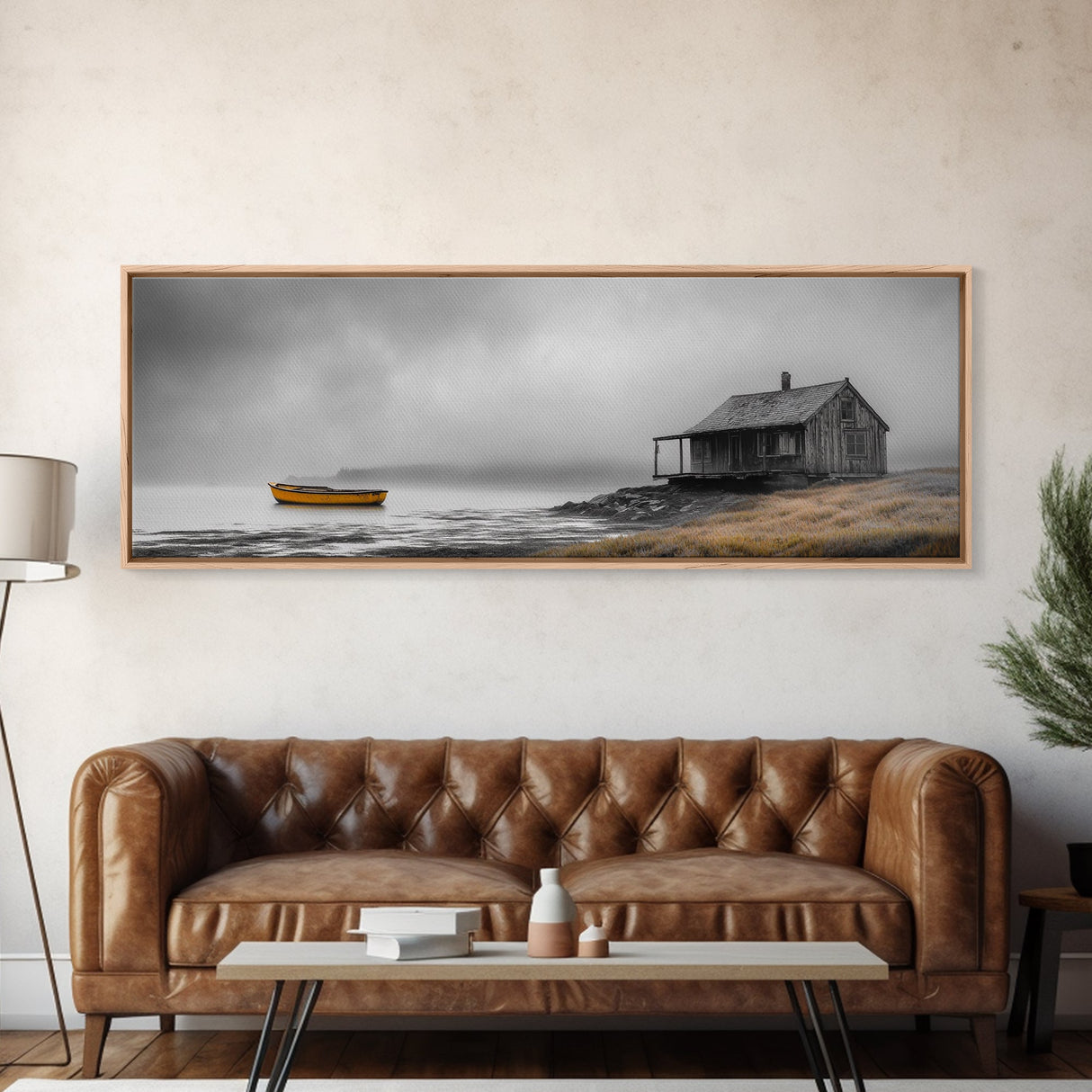 Foggy Lake, Yellow Boat, Rustic Cabin, Coastal Calm, Framed Canvas Print, Autumn Wall Art, Bedroom Decor, Minimalist Nature Photography