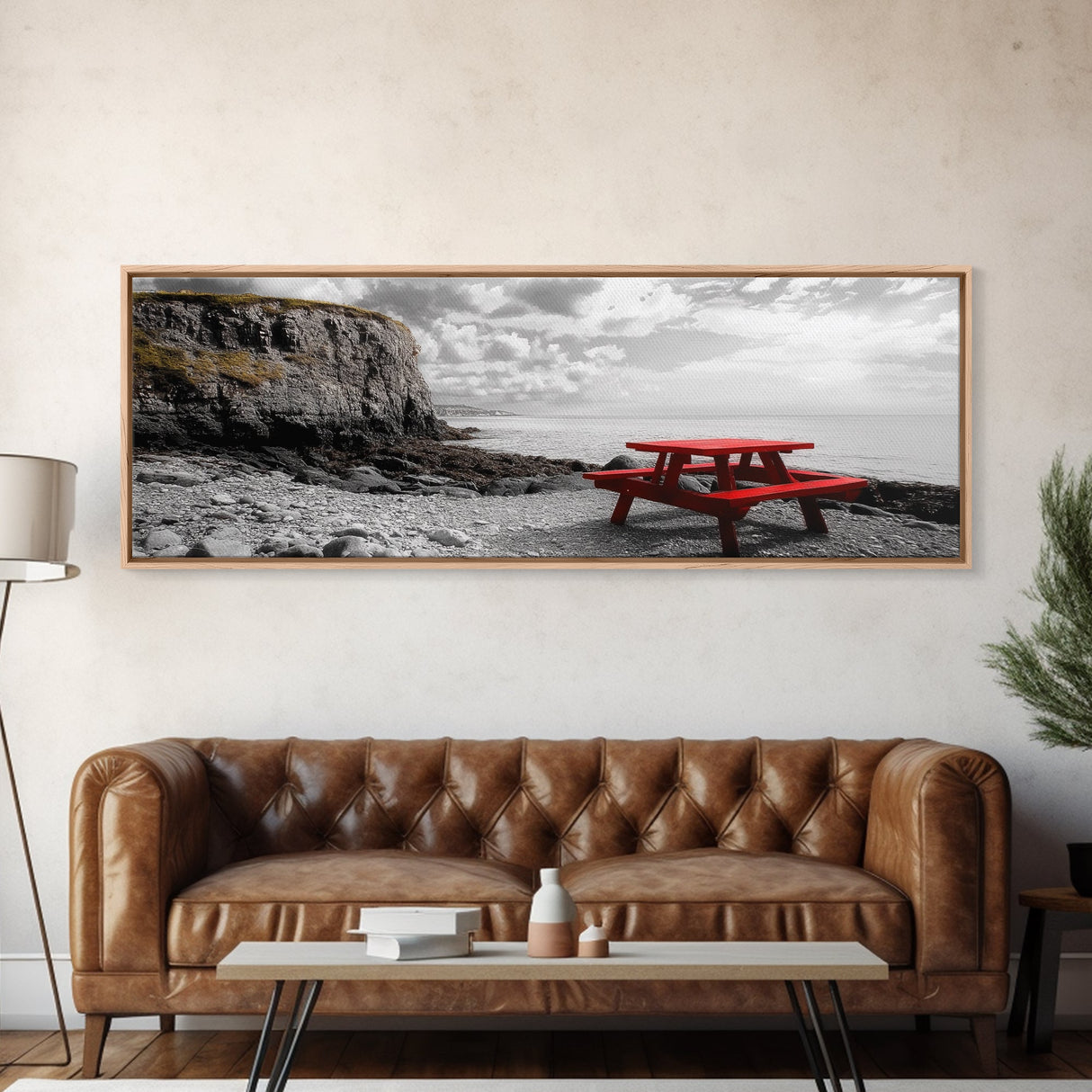 Red Picnic Table, Rocky Shore Cliffs, Bold Coastal View, Framed Canvas Print, Rustic Wall Art, Cabin Decor, Nature Lovers Gift