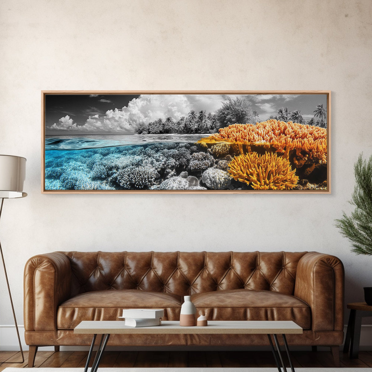 Island Coral Split, Tropical Ocean Scene, Half Above Below Water, Framed Canvas Print, Living Room Wall Art, Beach Boho Decor