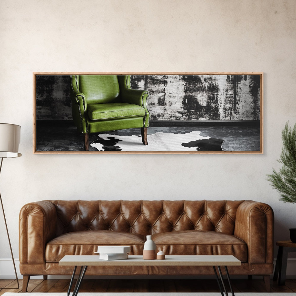 Green Leather Chair, Industrial Urban Scene, Chic Lounge Interior, Framed Canvas Print, Modern Wall Art, Man Cave Office Decor