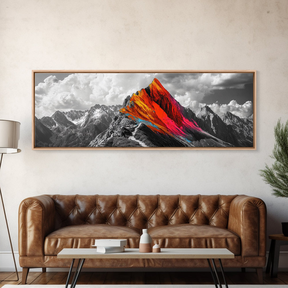 Neon Mountain Peak, Abstract Vibrant Alps, Bold Wilderness Colors, Framed Canvas Print, Modern Wall Art, Adventure Home Decor