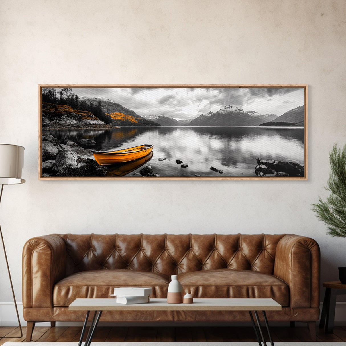 Golden Rowboat Reflections, Lake Mountain Art, Scenic Boat Landscape, Framed Canvas Print, Coastal Wall Art, Fall Living Room Decor