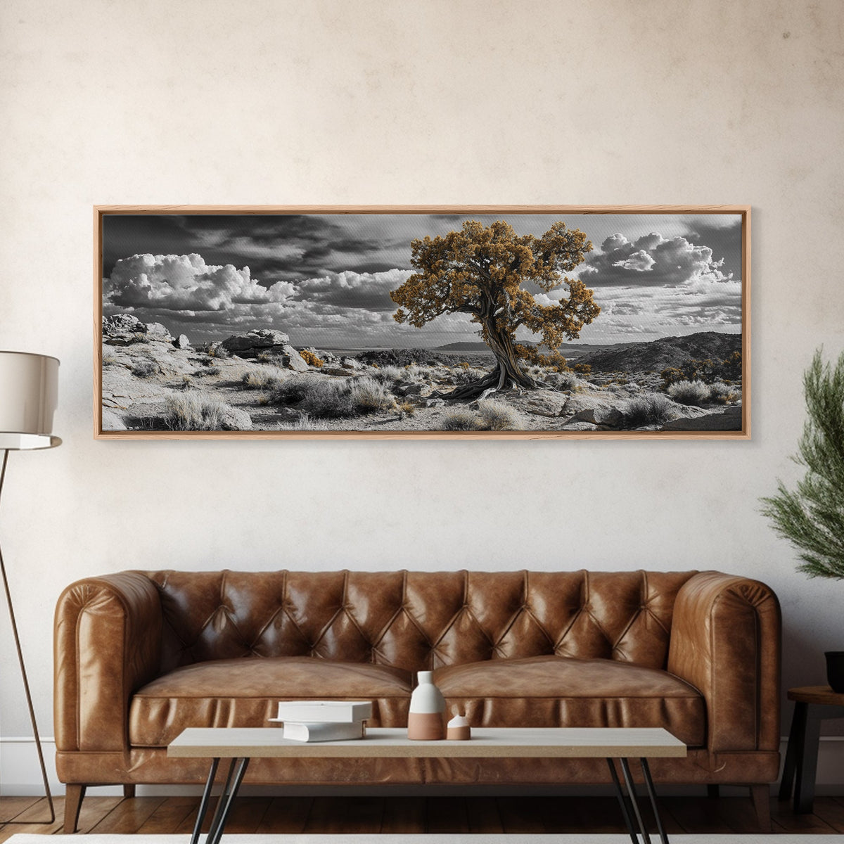 Twisted Desert Tree, Rocky Canyon Art, Dramatic Sky Nature Scene, Framed Canvas Print, Rustic Wall Decor, Moody Western Home Aesthetic
