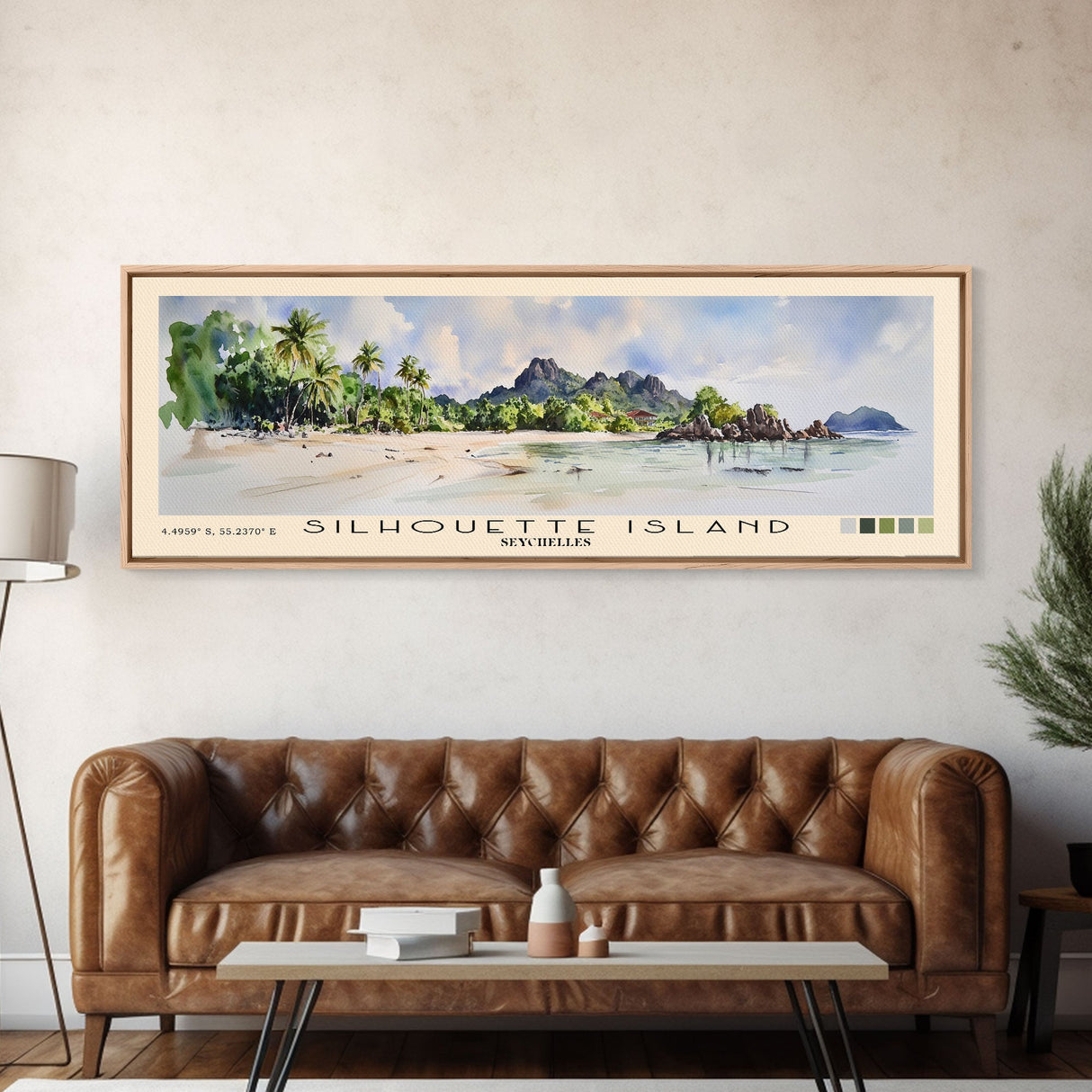 Silhouette Island, Seychelles Watercolor Print, Vacation Gift, Seychelles Wall Art, Beach Painting, Beach Decor, Large Wall Art, Wood Frame Art