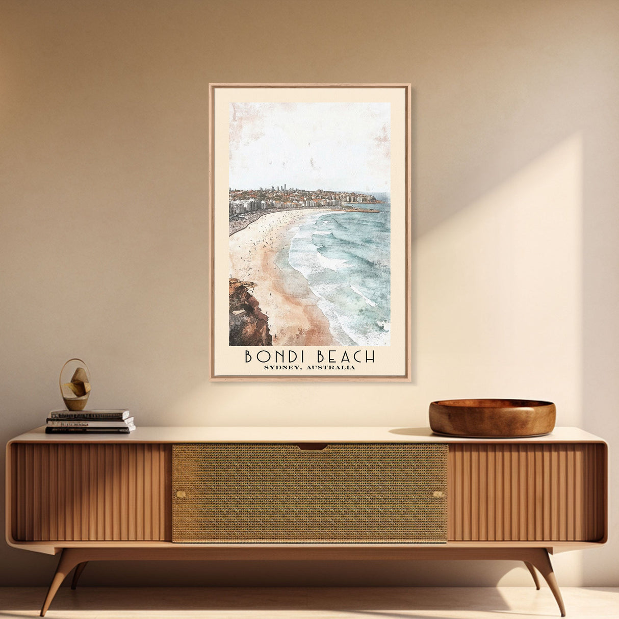 Bondi Beach, Sydney, Australia Watercolor Print, Vacation Gift, Sydney, Australia Wall Art, Beach Painting, Beach Decor, Large Wall Art, Wood Frame Art
