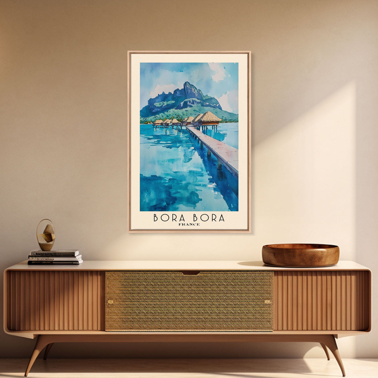 Bora Bora, France Watercolor Beach Print, Vacation Gift, France Wall Art, Framed Canvas Print, Framed Beach Painting