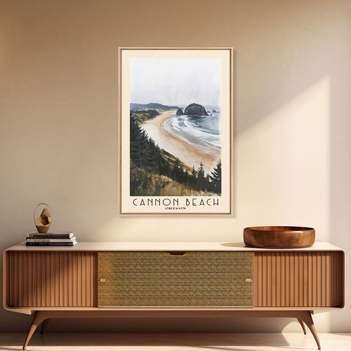 Cannon Beach, Oregon Watercolor Beach Print, Vacation Gift, Oregon Wall Art, Framed Canvas Print, Framed Beach Painting