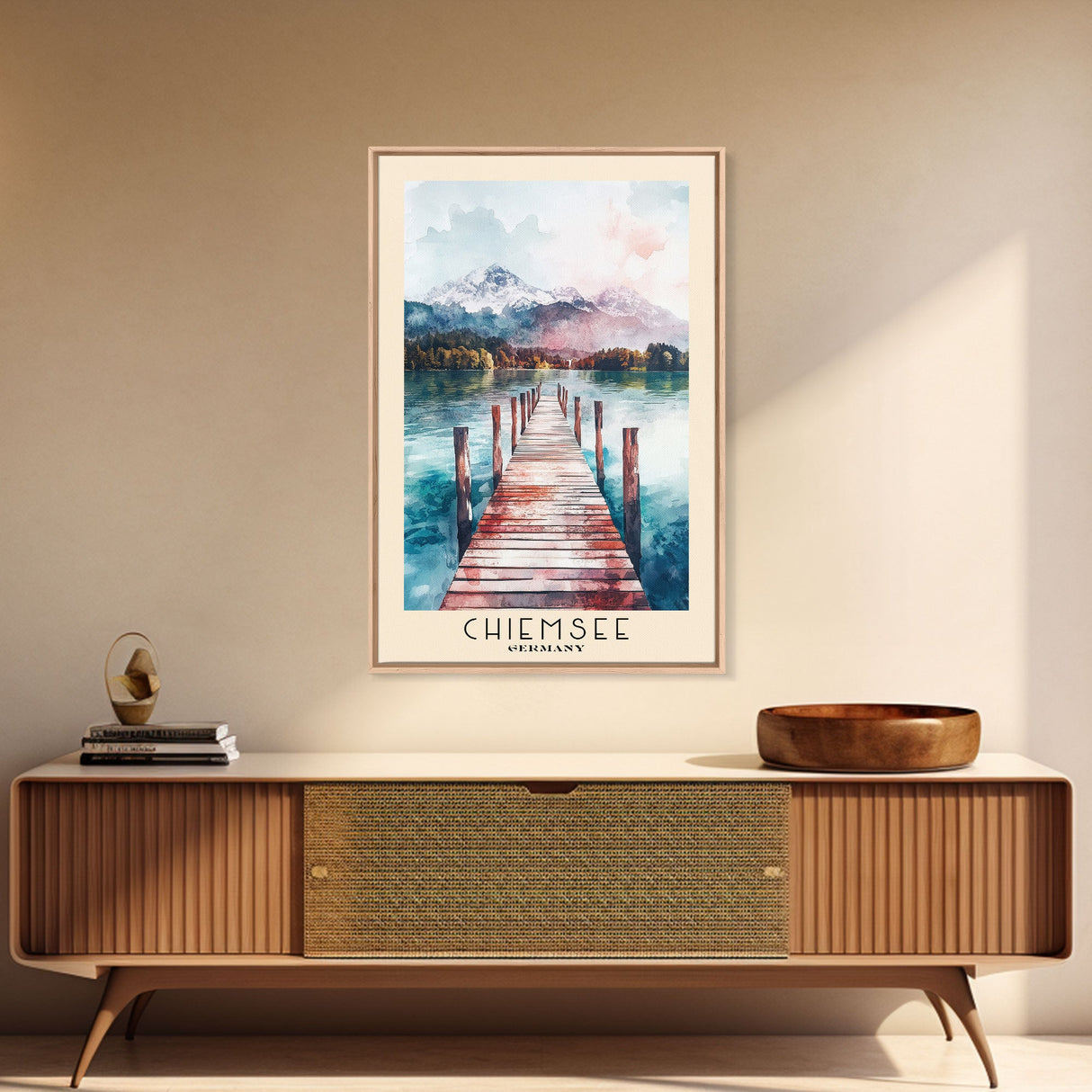 Chiemsee, Germany Watercolor Print, Vacation Gift, Germany Wall Art, Beach Painting, Beach Decor, Large Wall Art, Wood Frame Art