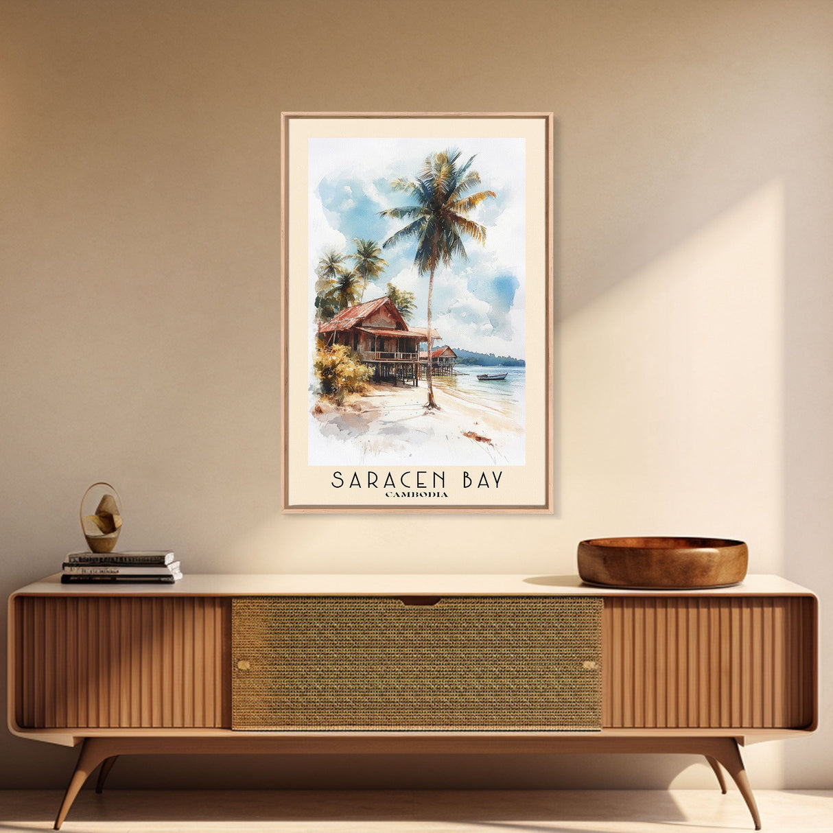 Saracen Bay, Cambodia Watercolor Print, Vacation Gift, Cambodia Wall Art, Beach Painting, Beach Decor, Large Wall Art, Wood Frame Art