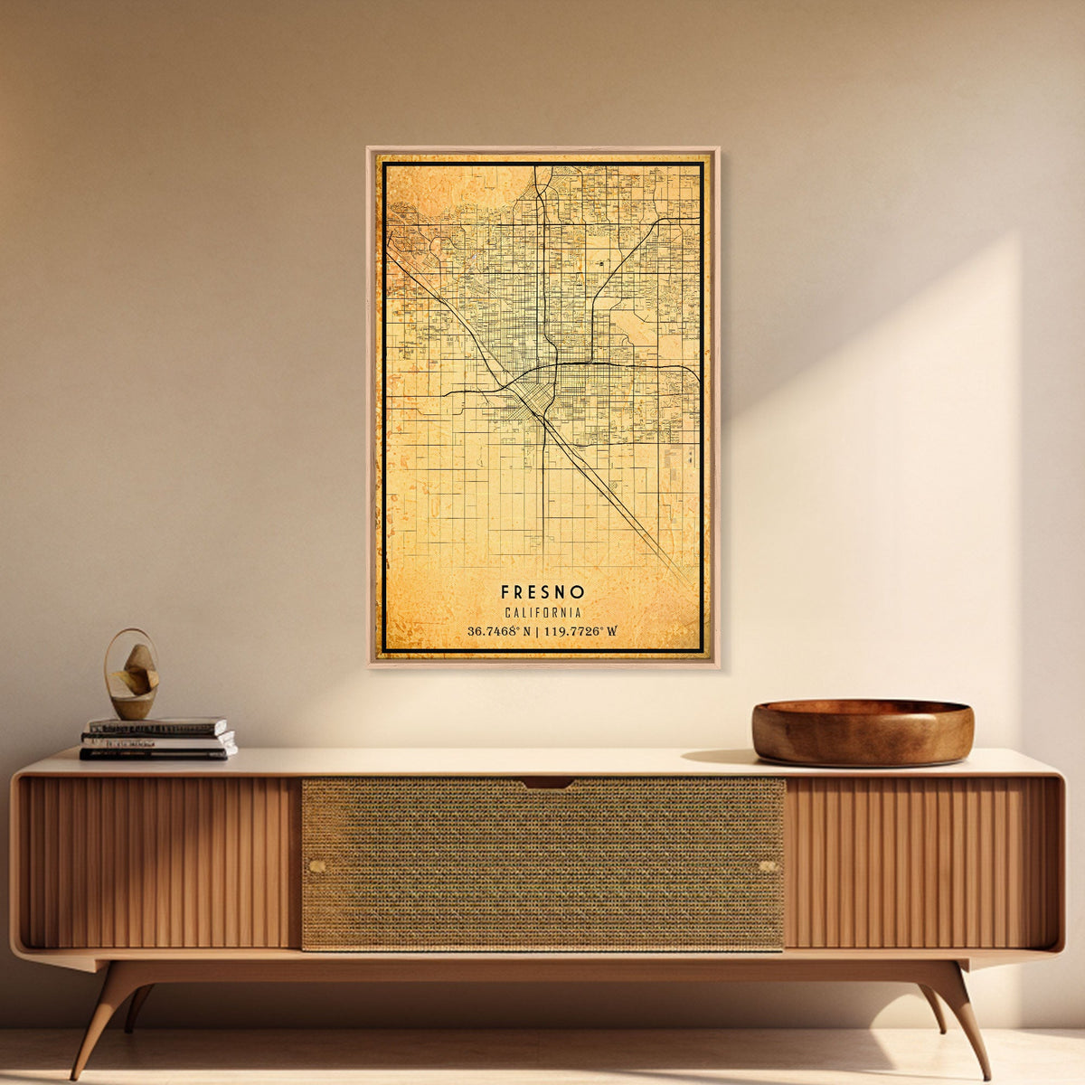 Distressed Fresno California Map, Framed Canvas Print Or Poster, California Map Print, Freso City Wall Art Map Print, Rustic Map Art