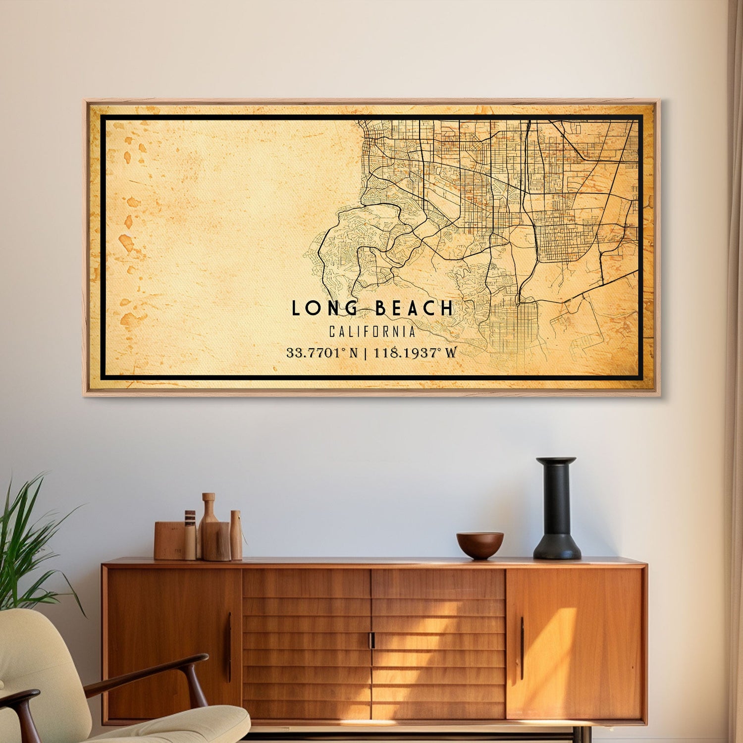 Long Beach map print poster or framed canvas | California map print poster canvas | Long Beach city map print poster canvas, distressed map