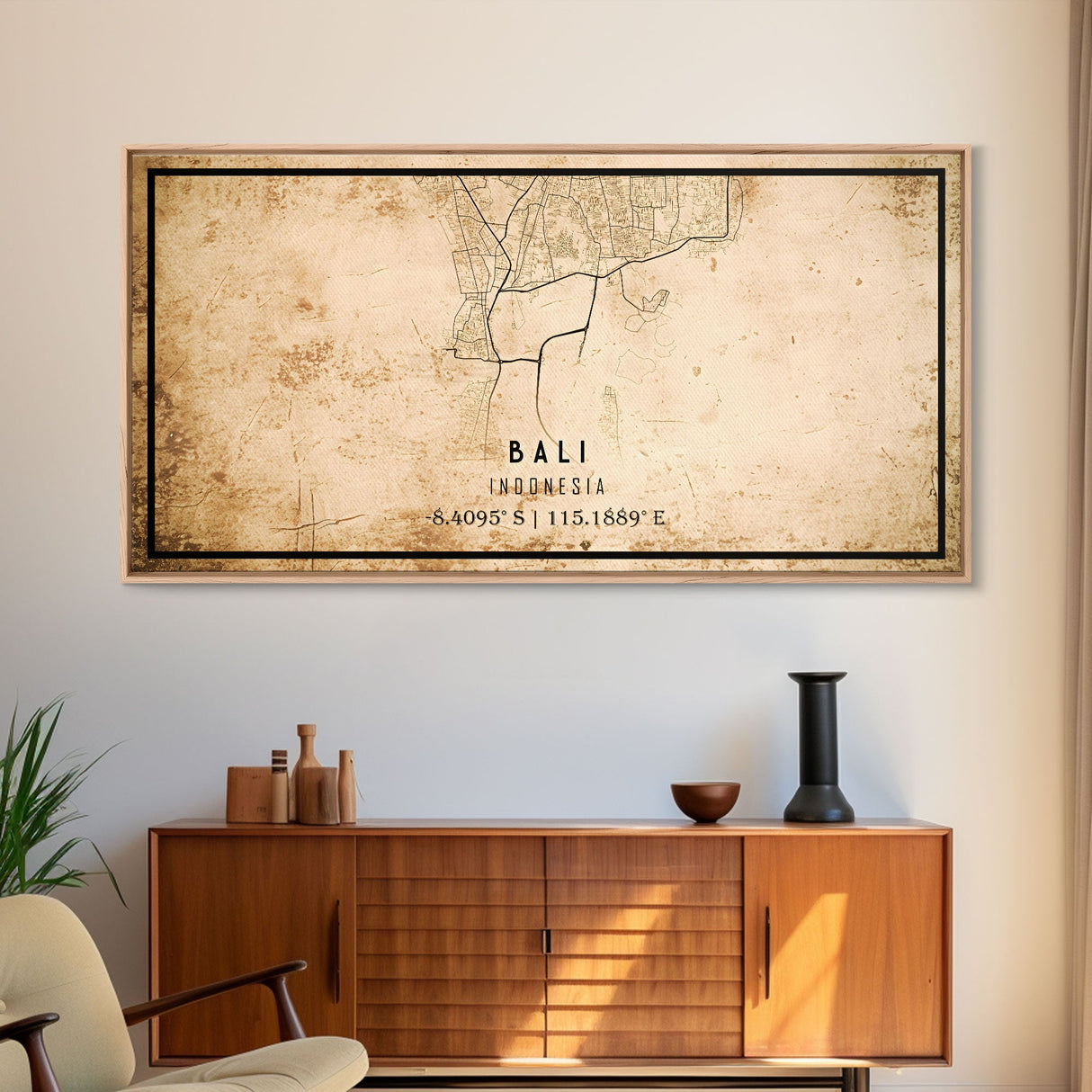 Vintage Bali Indonesia City Map Wall Art Canvas Print, Distressed Style Bali Map, Framed Wall Art, Cool Bali Travel Wall Art, Office Art