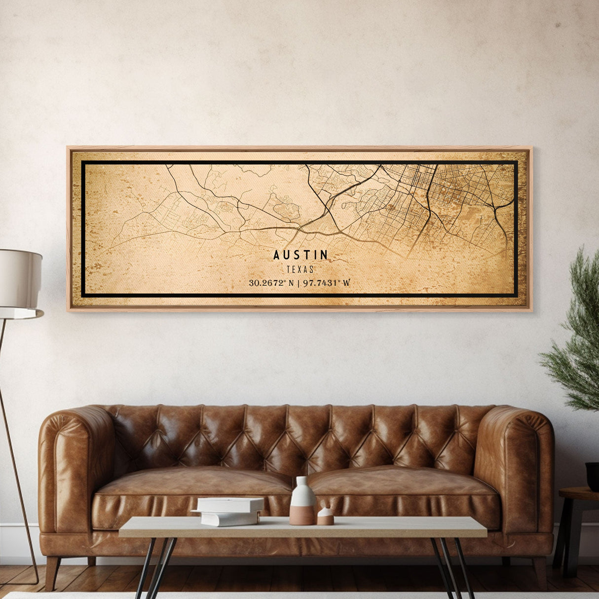 Panoramic Austin Map Print Canvas or Poster, Texas Map Art, Texas Map Print, Vintage Texas Map Framed Art, Retro / Distressed Office Art