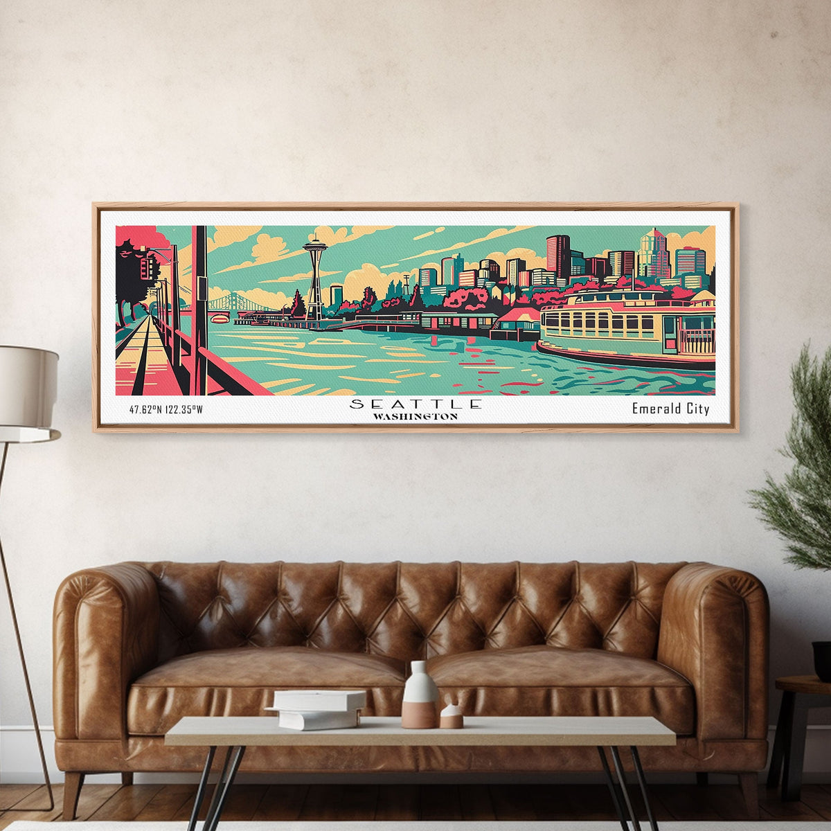Seattle Washington Panoramic Painting Framed Canvas Print, Travel Poster, Mid Century Modern Art, Pop Art Style, Wall Decor, Home Decor