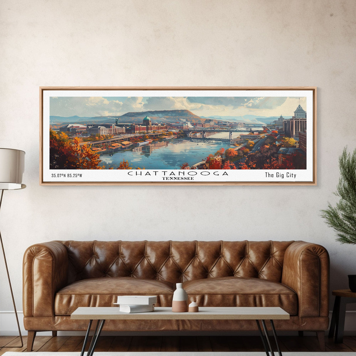 Chattanooga Tennessee Panoramic Watercolor Painting Framed Canvas Print, Travel Poster Art, Scenic Landscape, Living Room Decor, Wall Hanging, Office Art, Tennessee-Themed Gift