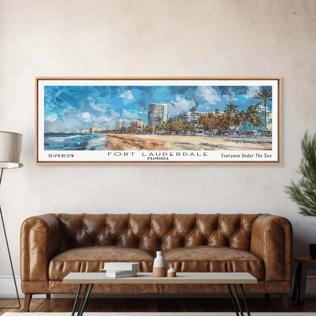 Fort Lauderdale Florida Panoramic Watercolor Painting, Scenic Framed Canvas Print, Urban Wall Art for Living Room, Travel Poster, Home Decor, City Gift Idea