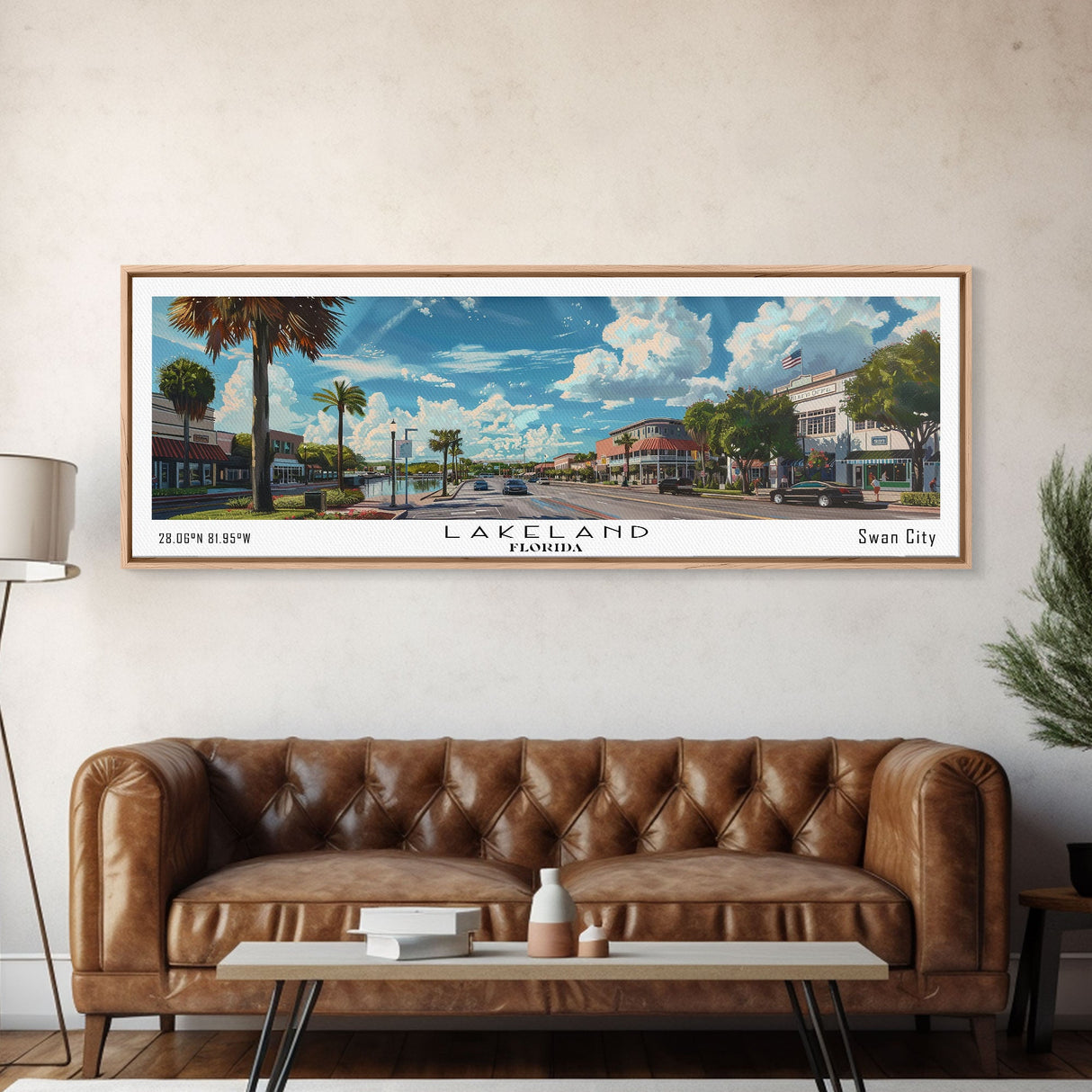 Lakeland Florida Panoramic Cityscape Wall Art, Watercolor Framed Canvas Print, Urban Painting for Living Room, Office Decor, Travel Poster
