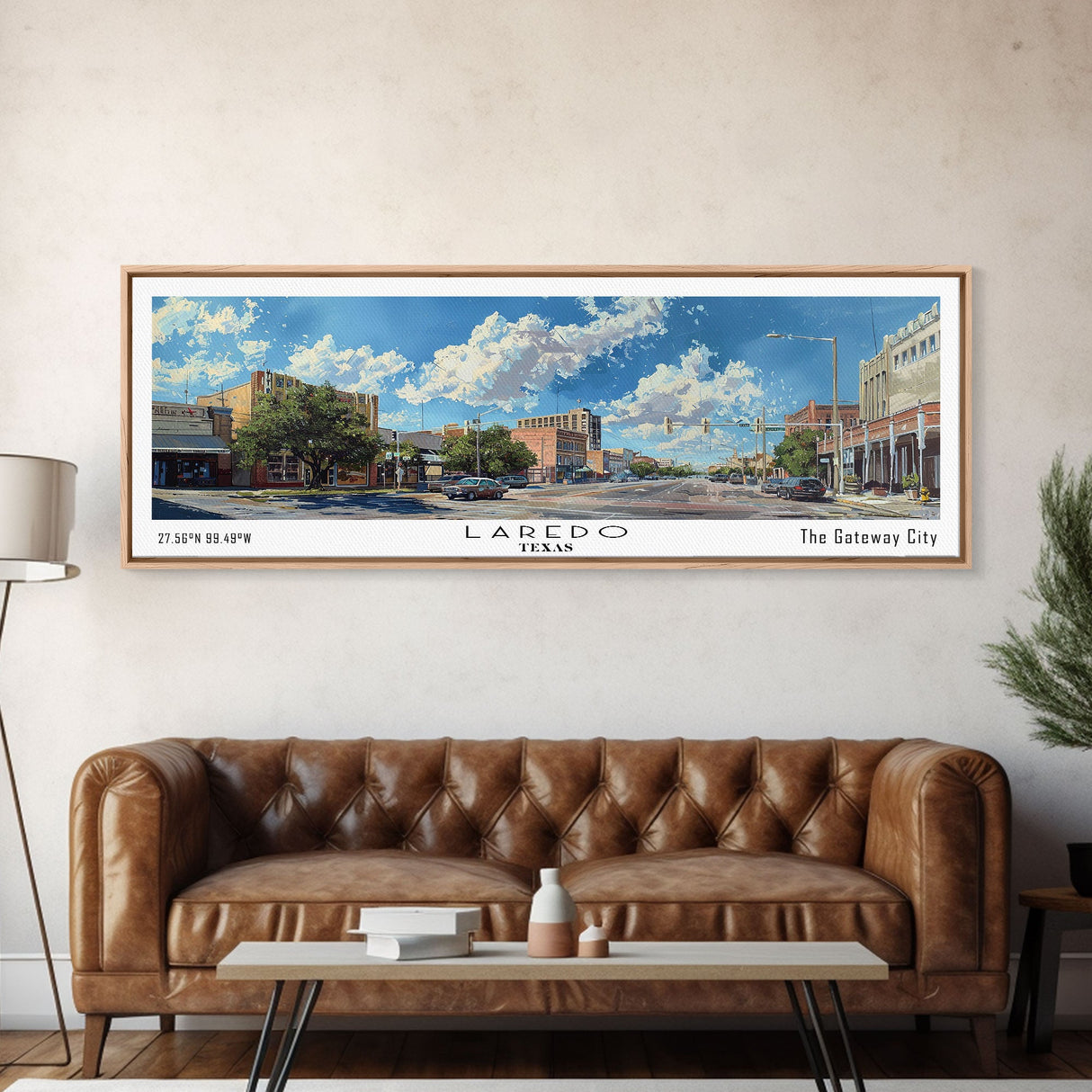 Laredo Texas Panoramic Cityscape Painting, Framed Canvas Print, Urban Decor, Office Wall Art, Watercolor Travel Poster, Home Decoration