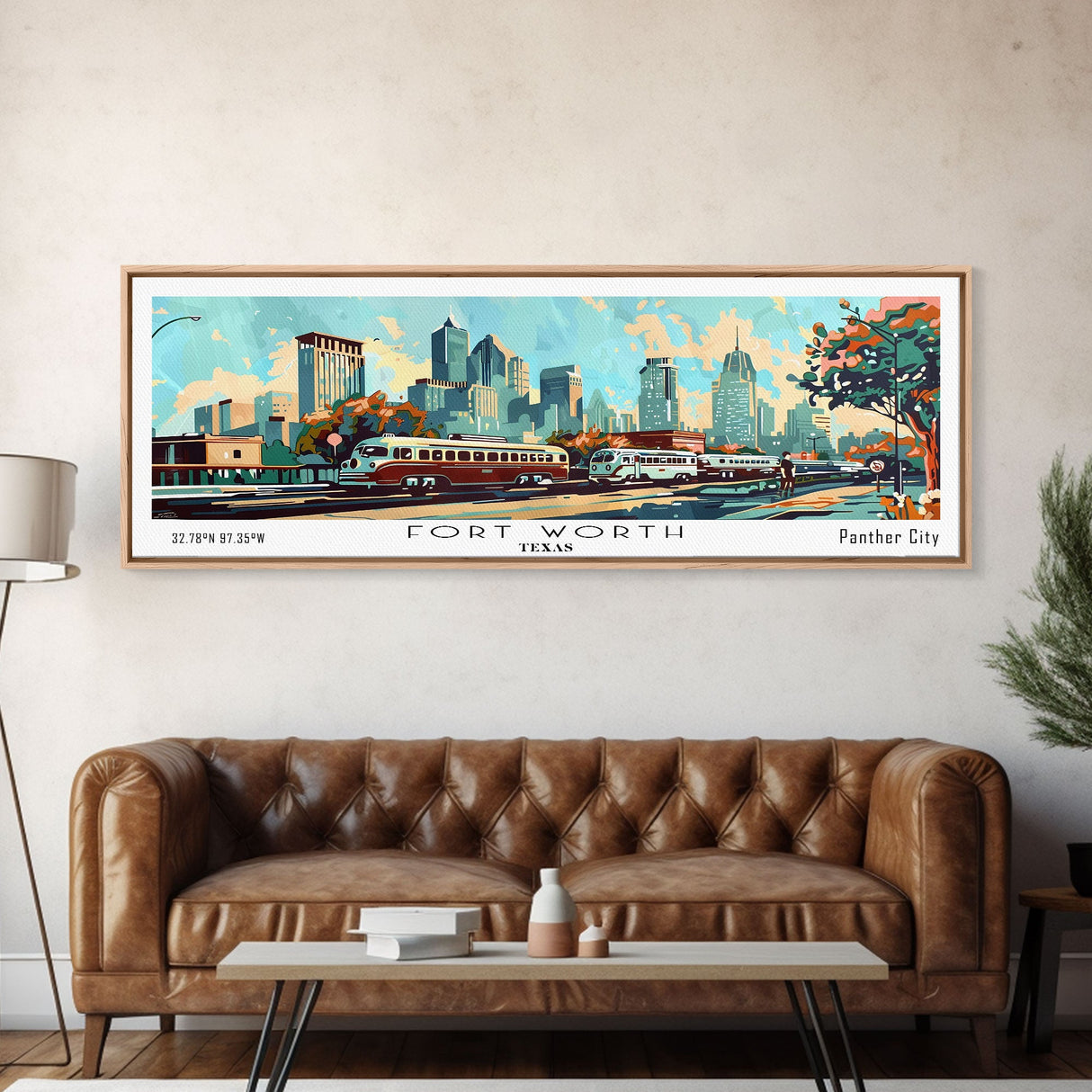Fort Worth Texas Panoramic Wall Art, Mid Century Modern Framed Canvas Print, Retro Pop Art Travel Poster, Office Art, Living Room Decor