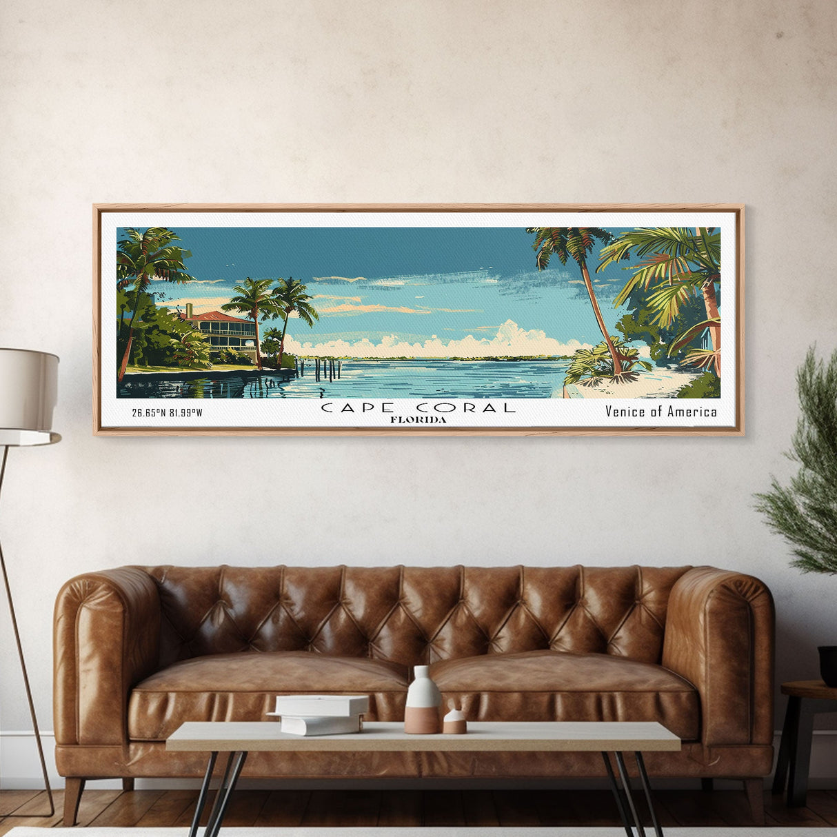Cape Coral Florida Panoramic Painting, Mid Century Modern Framed Canvas Print, Retro Pop Art Travel Poster, Home Decor, City Print