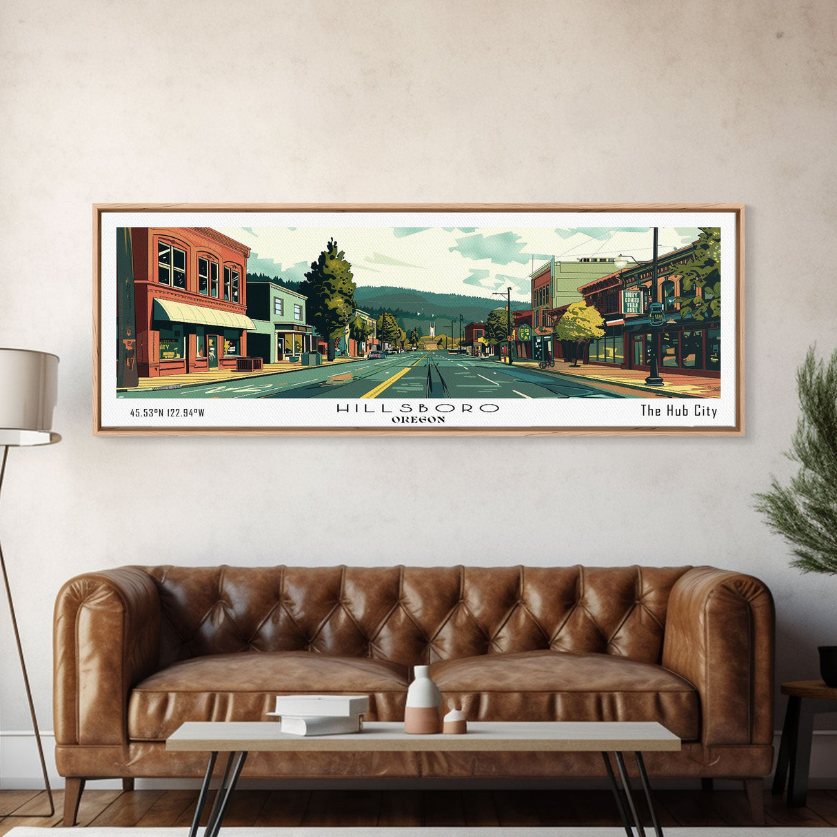 Hillsboro Oregon Panoramic Painting, Mid Century Modern Framed Canvas Print, Retro Pop Art Travel Poster, Office Wall Decor
