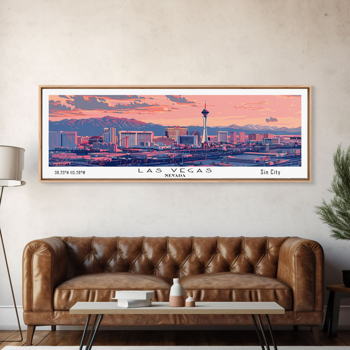 Las Vegas Nevada Panoramic Painting, Mid Century Modern Framed Canvas Print, Retro Pop Art Travel Poster, Living Room Art