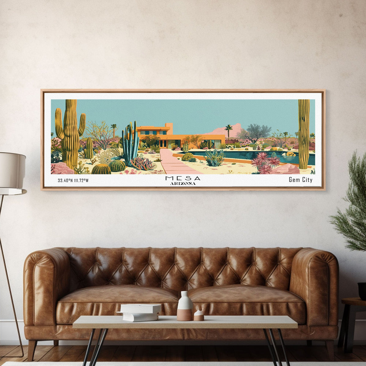 Mesa Arizona Panoramic Painting, Mid Century Modern Framed Canvas Print, Retro Pop Art Travel Poster, Office Wall Art
