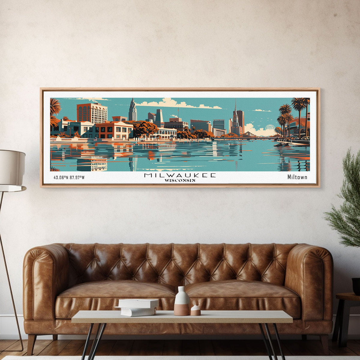 Milwaukee Wisconsin Panoramic Wall Art, Mid Century Modern Framed Canvas Print, Retro Pop Art Travel Poster, Office Decor, Living Room Art