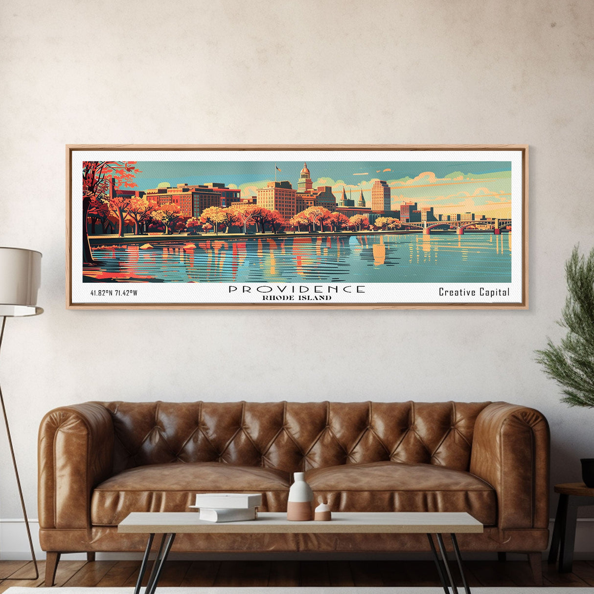 Providence Rhode Island Panoramic View, Mid Century Modern Framed Canvas Print, Retro Pop Art Travel Poster, Living Room Wall Decor