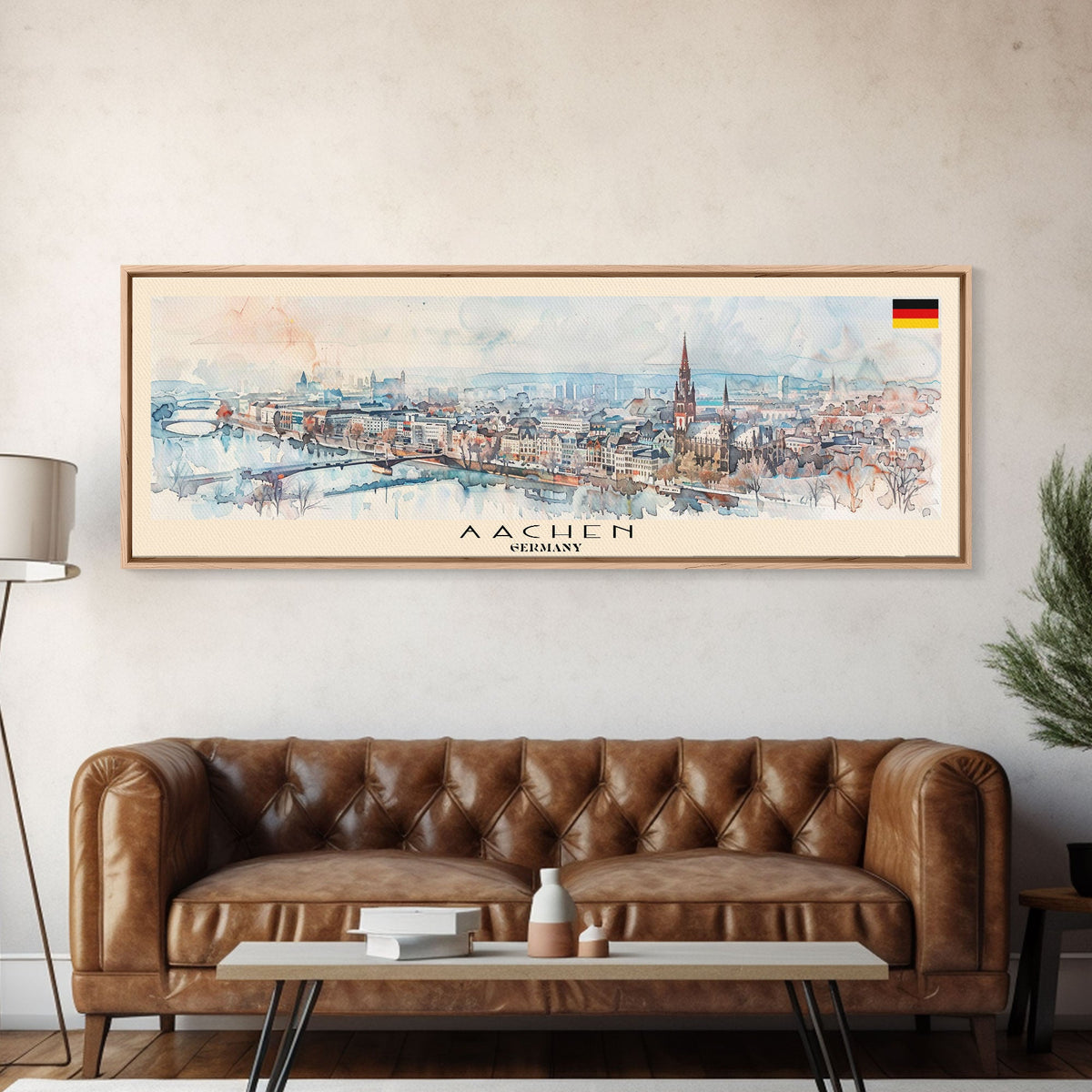 Aachen Germany Panoramic Travel Poster, Framed Canvas Print or Metal Wall Art, Travel Art, Home Decor, Panoramic Painting, Midcentury Art